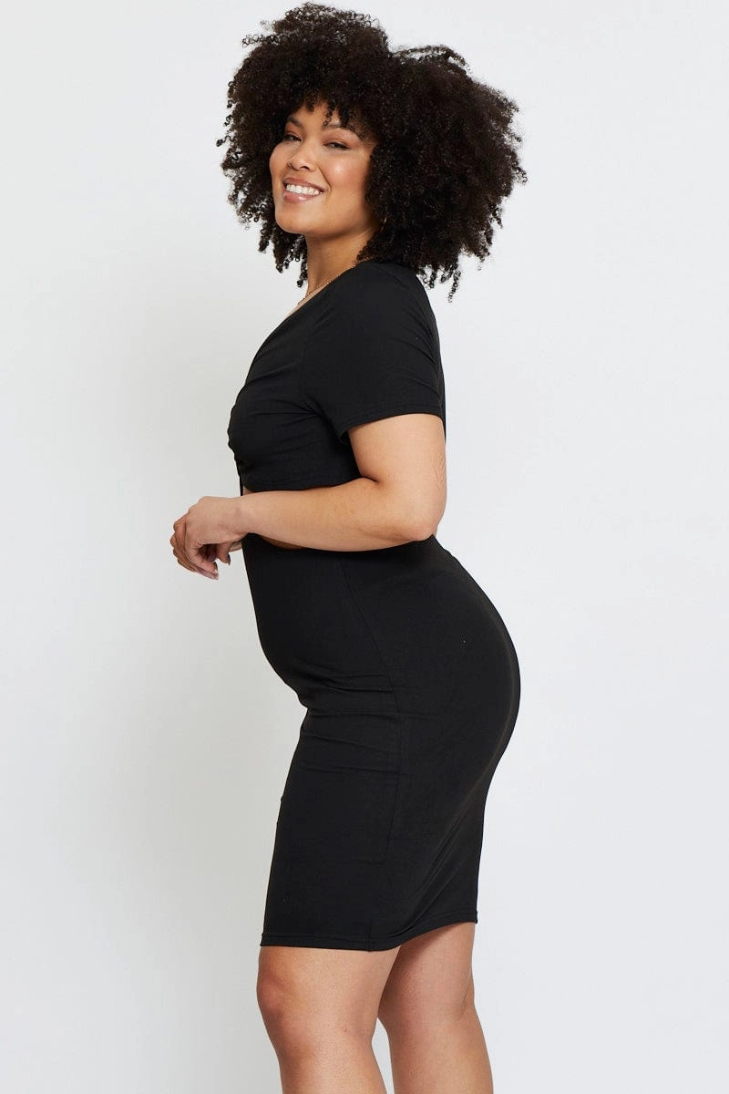 Wedding-Guest Comfortable and breathable Black Mini Bodycon Dress Colla Short Sleeve Jersey