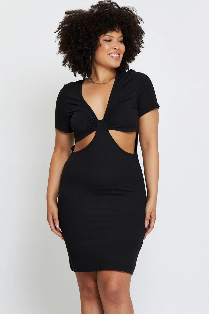 Black Mini Bodycon Dress Colla Short Sleeve Jersey Contemporary Design