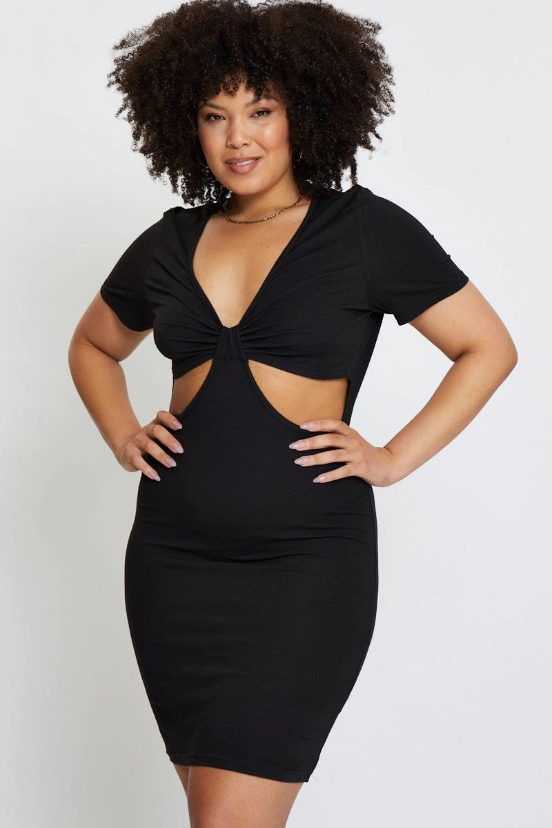 Relaxed Wear Skin-friendly Black Mini Bodycon Dress Colla Short Sleeve Jersey