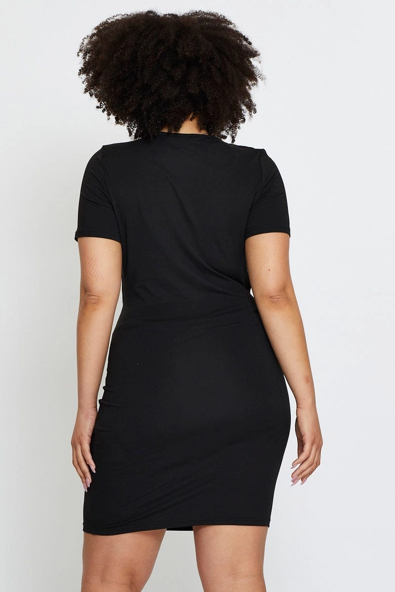 Floral design Year Round Black Mini Bodycon Dress Colla Short Sleeve Jersey