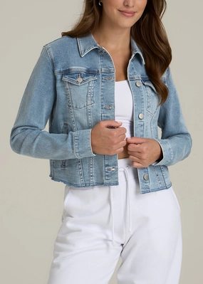 Cropped Stretch Denim Jacket for Tall Women in Perfect Blue Stand Up Collar Flexible Layer System
