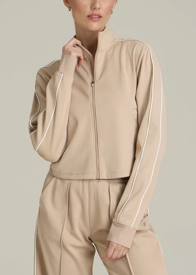 Moisture Wicking Layer Cropped Track Jacket with Piping for Tall Women in Clay