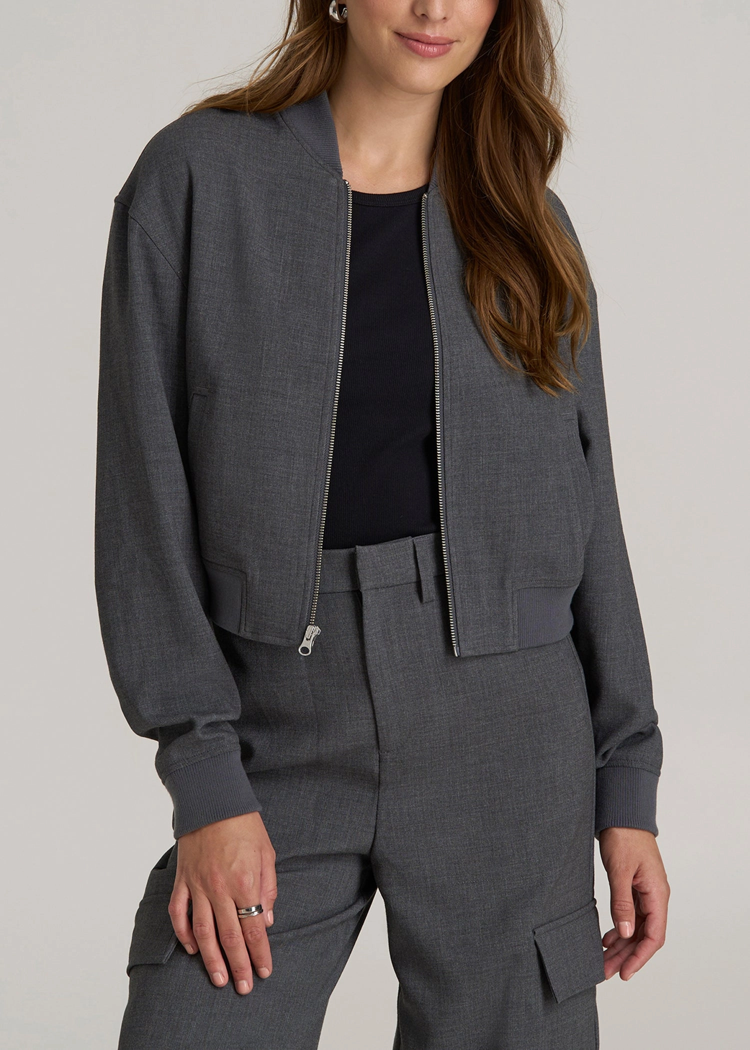 Cropped Women's Tall Bomber Jacket in Graphic Charcoal Weatherproof Shell