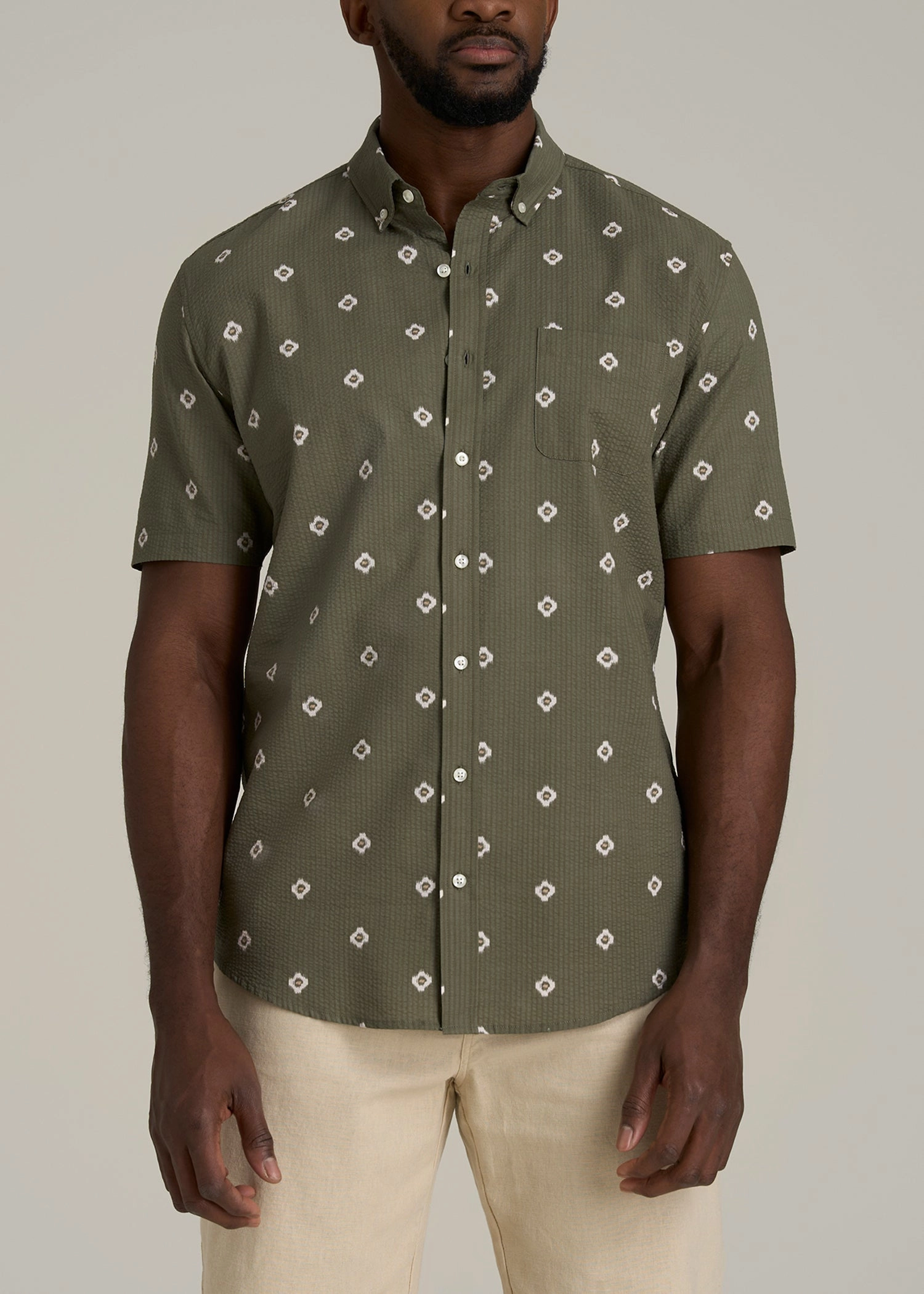Seersucker Tall Men's Short Sleeve Shirt in Olive and Beige Floral Comfortable Wear