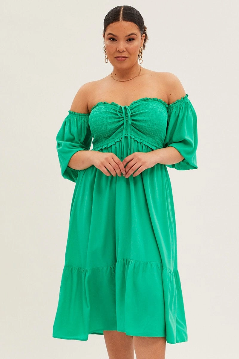 Professional Comfort Green Midi Dress Off Shoulder Shirred