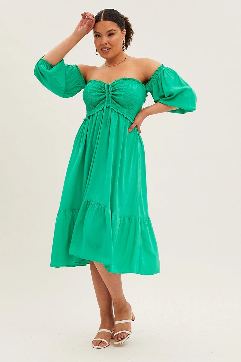 Slim Shape Timeless Look Wear Green Midi Dress Off Shoulder Shirred