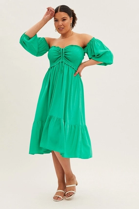 Slim Shape Timeless Look Wear Green Midi Dress Off Shoulder Shirred