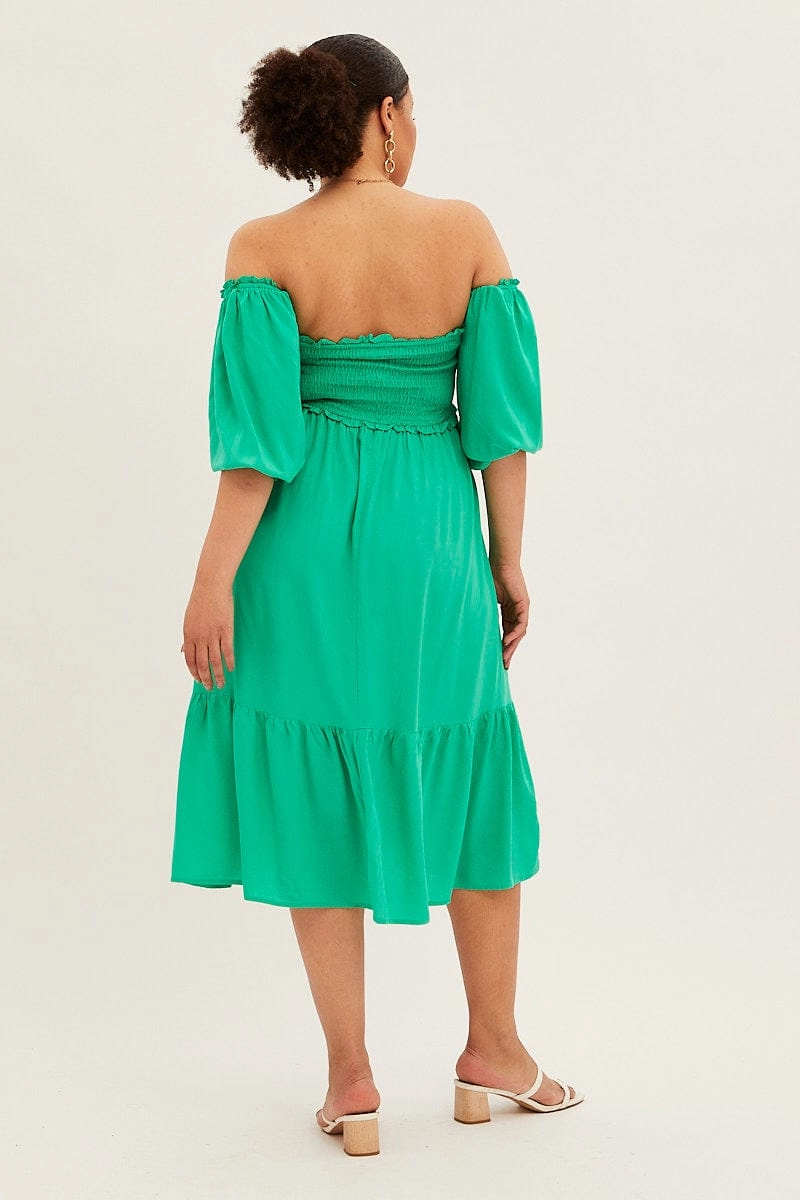 Crisp Detail Street Mood Green Midi Dress Off Shoulder Shirred