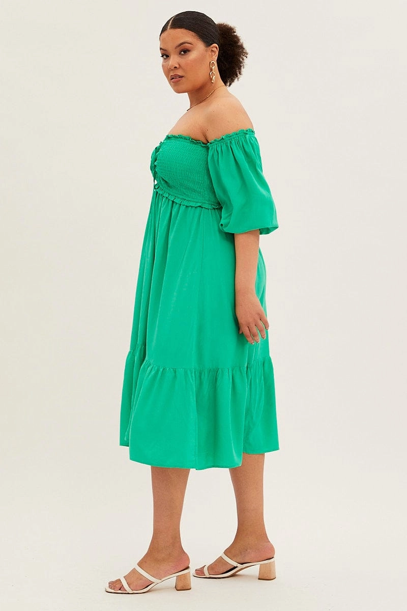 Green Midi Dress Off Shoulder Shirred Easy Pick Flowing Fit