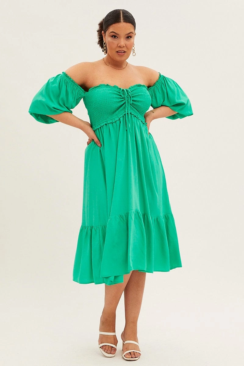 Green Midi Dress Off Shoulder Shirred Whimsical Mood