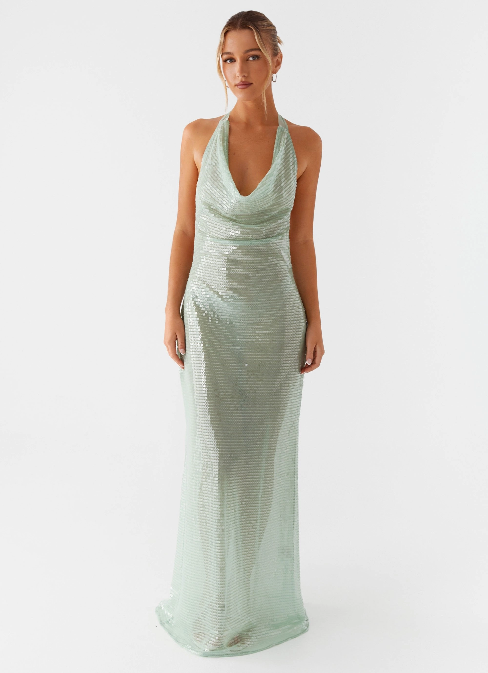 Water-resistant Curve Friendly Above the Clouds Cowl Maxi Dress - Green