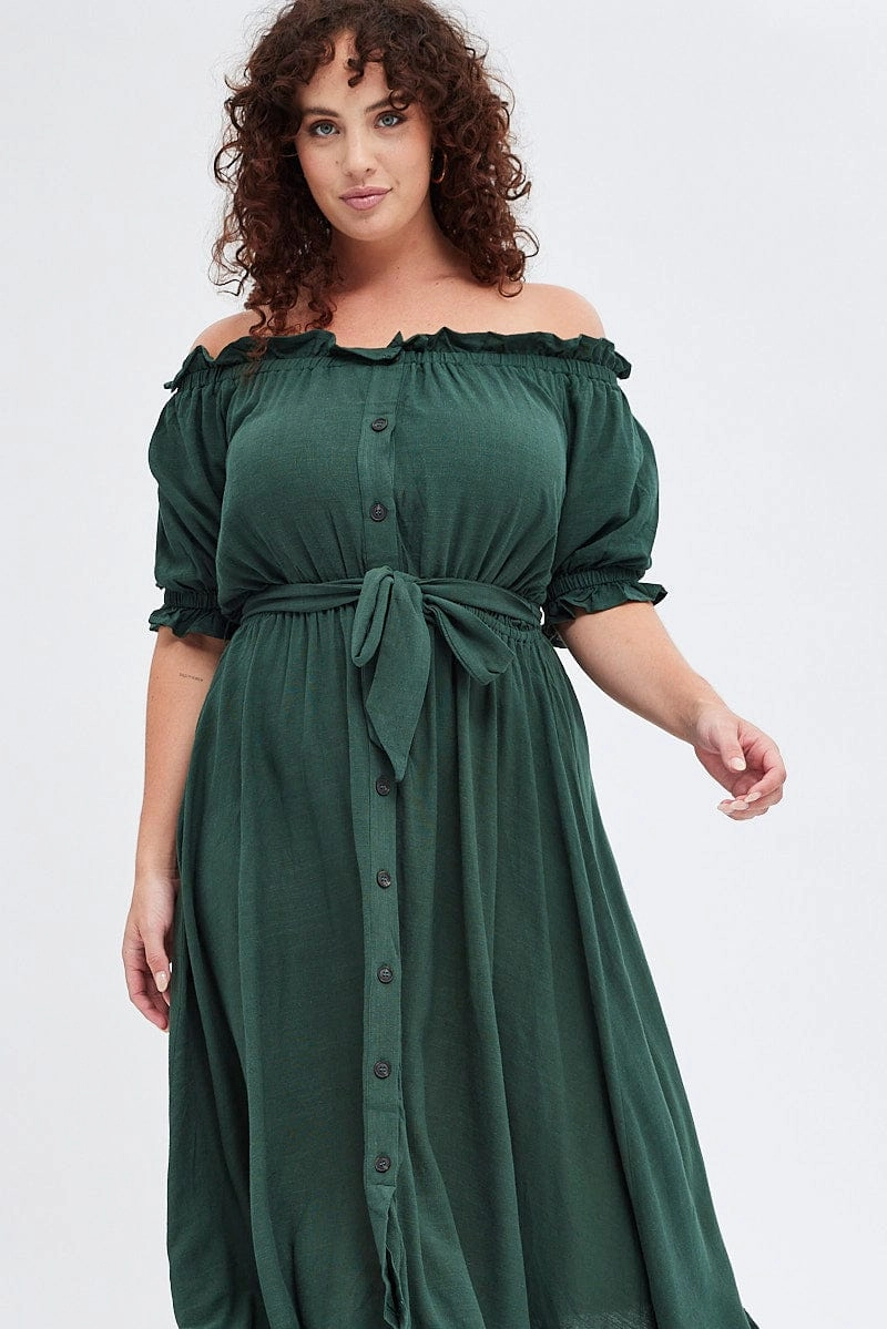 Green Short Sleeve Linen Button Midi Dress Smooth Design Light Bow