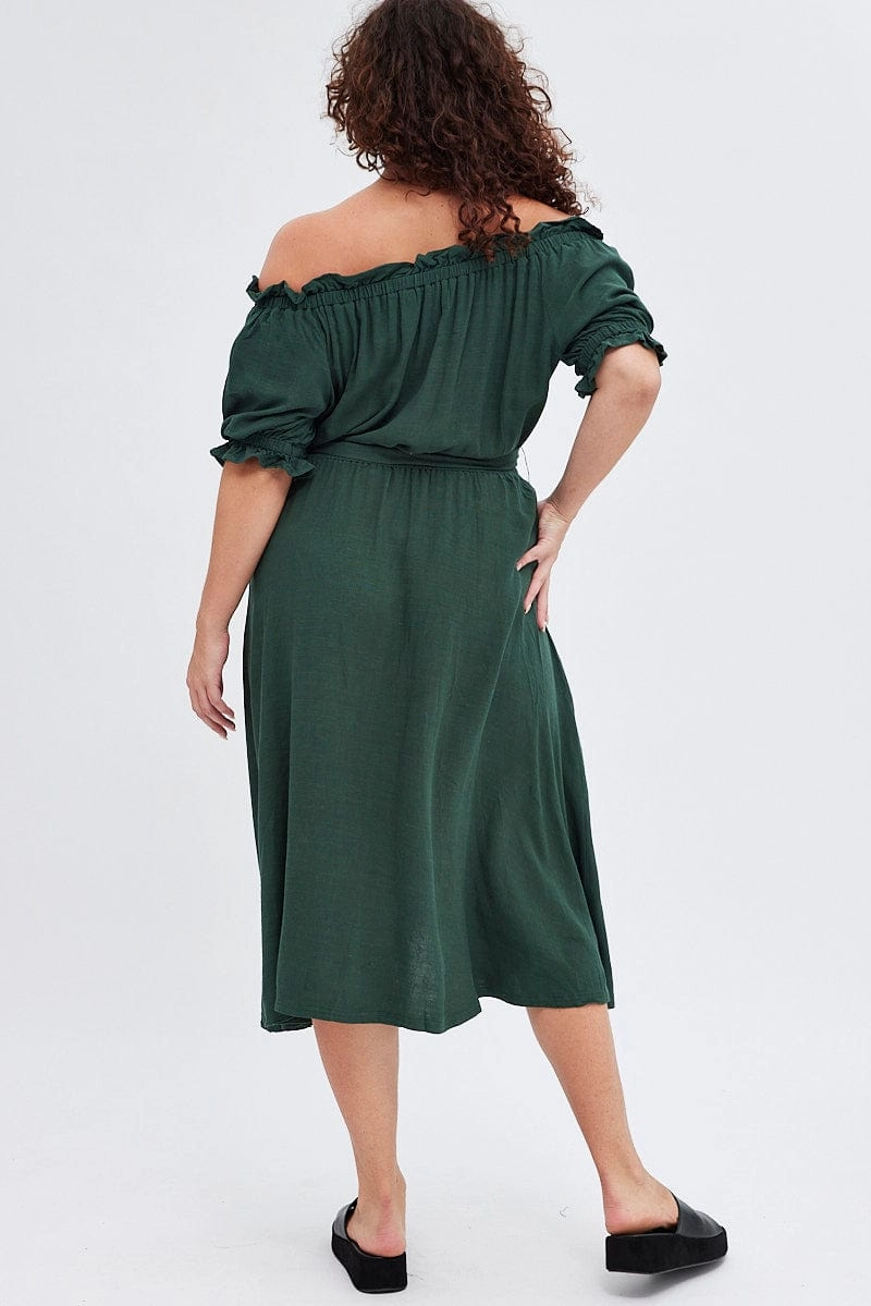Green Short Sleeve Linen Button Midi Dress Retro Detail