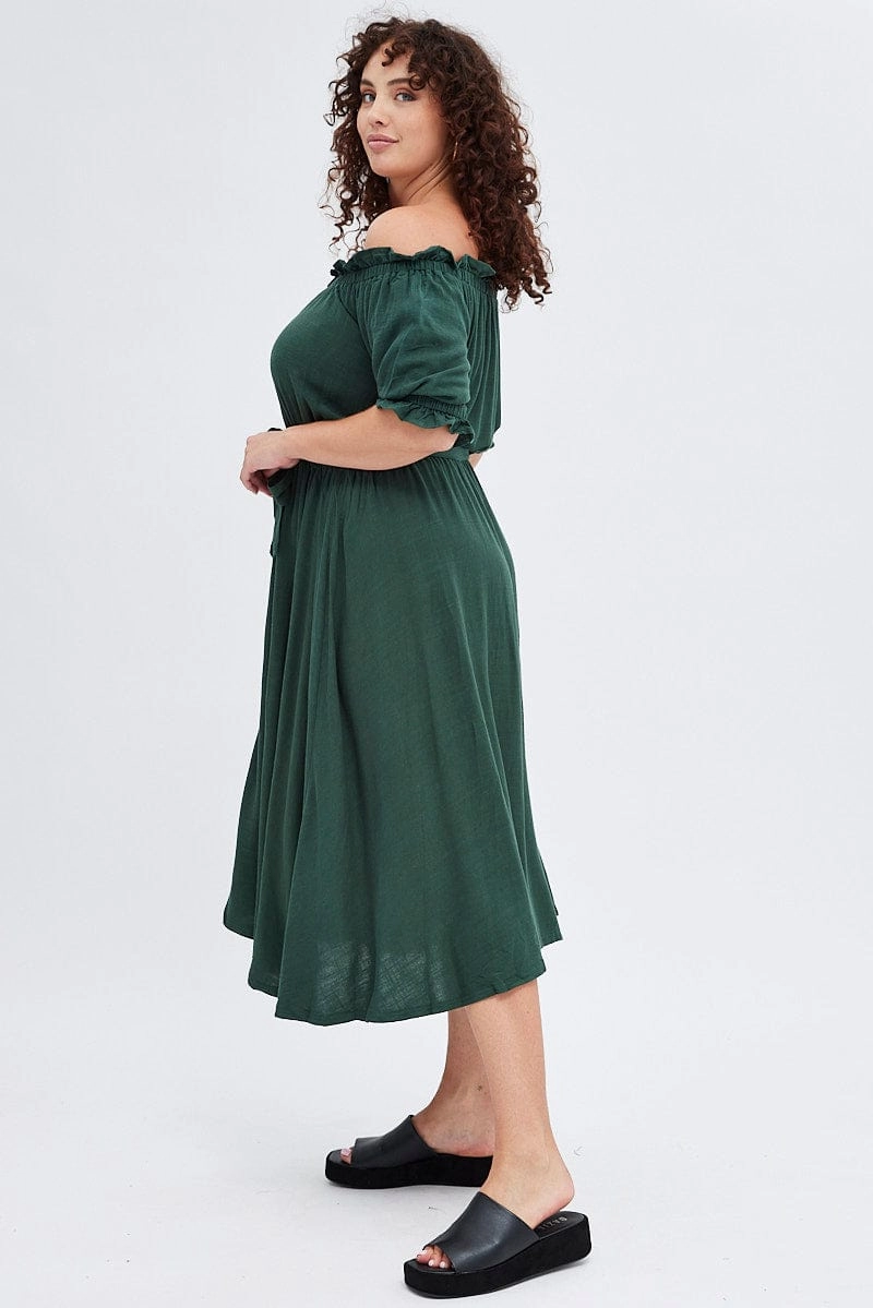 Green Short Sleeve Linen Button Midi Dress Relax Layers