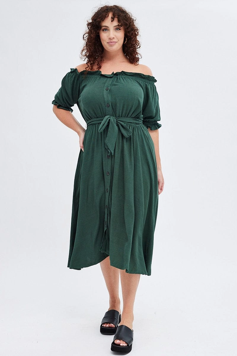 Feminine Design Social Charm Green Short Sleeve Linen Button Midi Dress