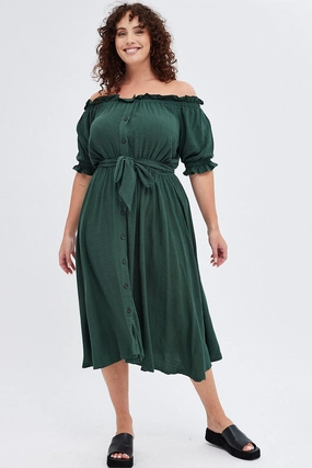 Green Short Sleeve Linen Button Midi Dress Daywear Fit