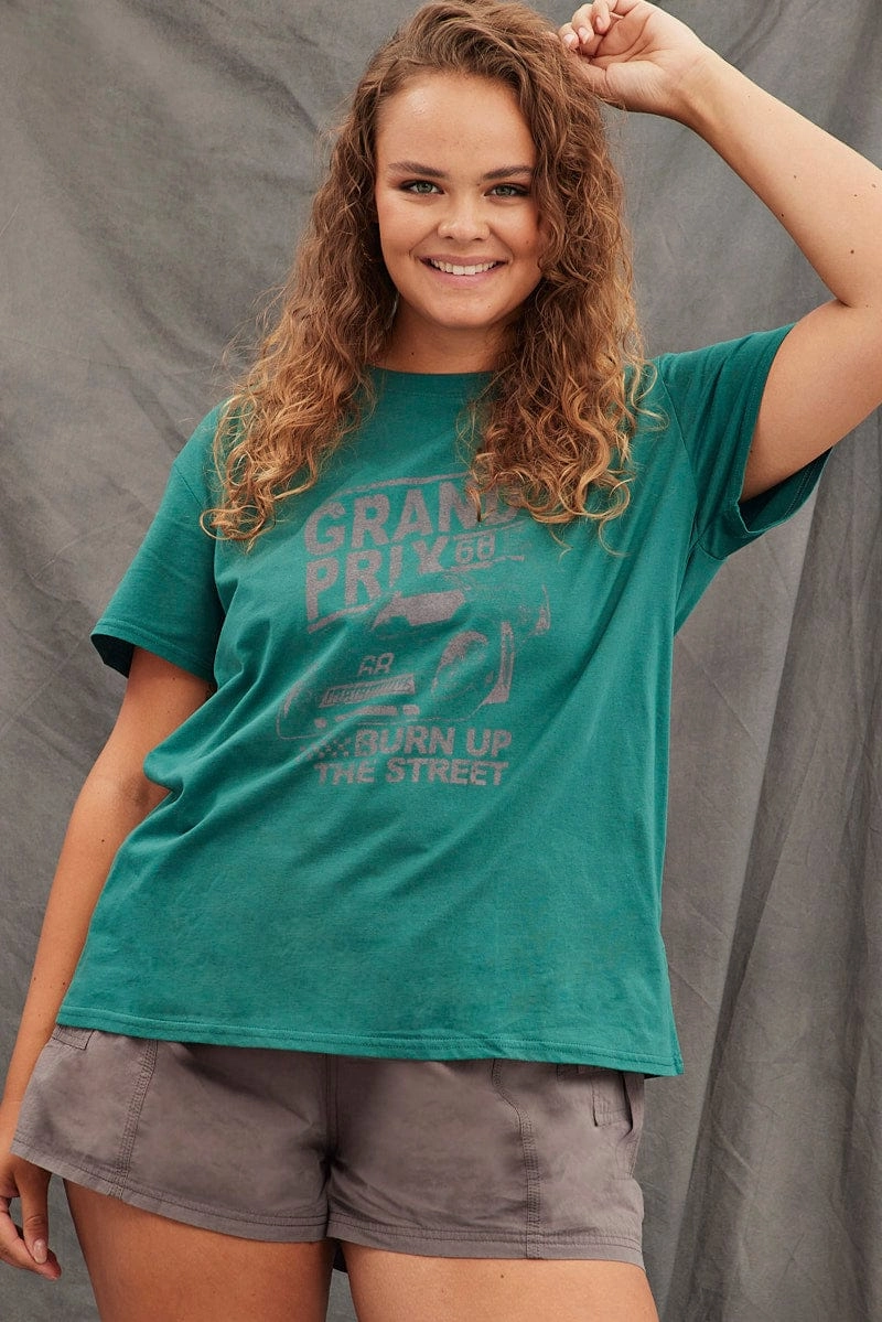 Green Graphic T-shirt Grand Prix Cotton Jersey Sporty Layers Casual Vibe Wear