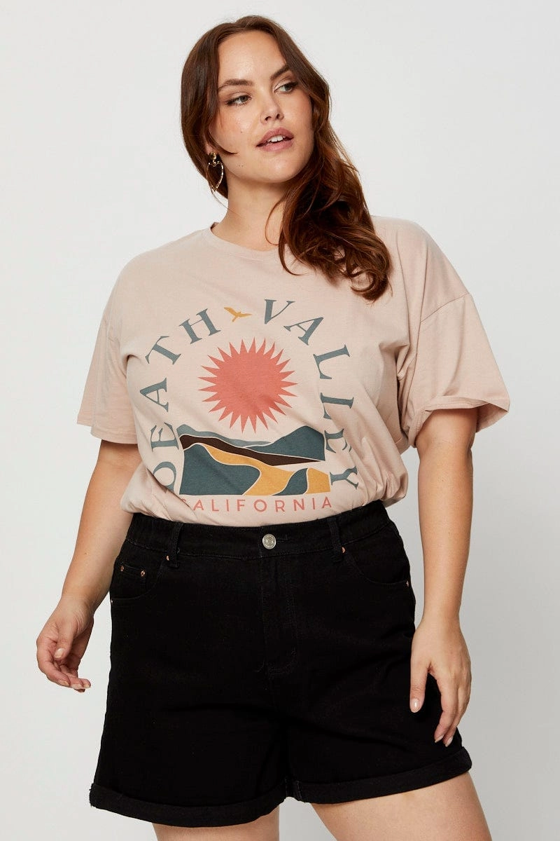 Brown Graphic T-shirt Valley Short Sleeve Cotton Retro weekday wear