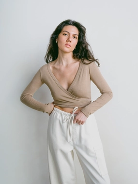 Dance Wrap Top, Regen Silk Noil Jersey, Tea Casual Flex Wear Relaxed Waistband