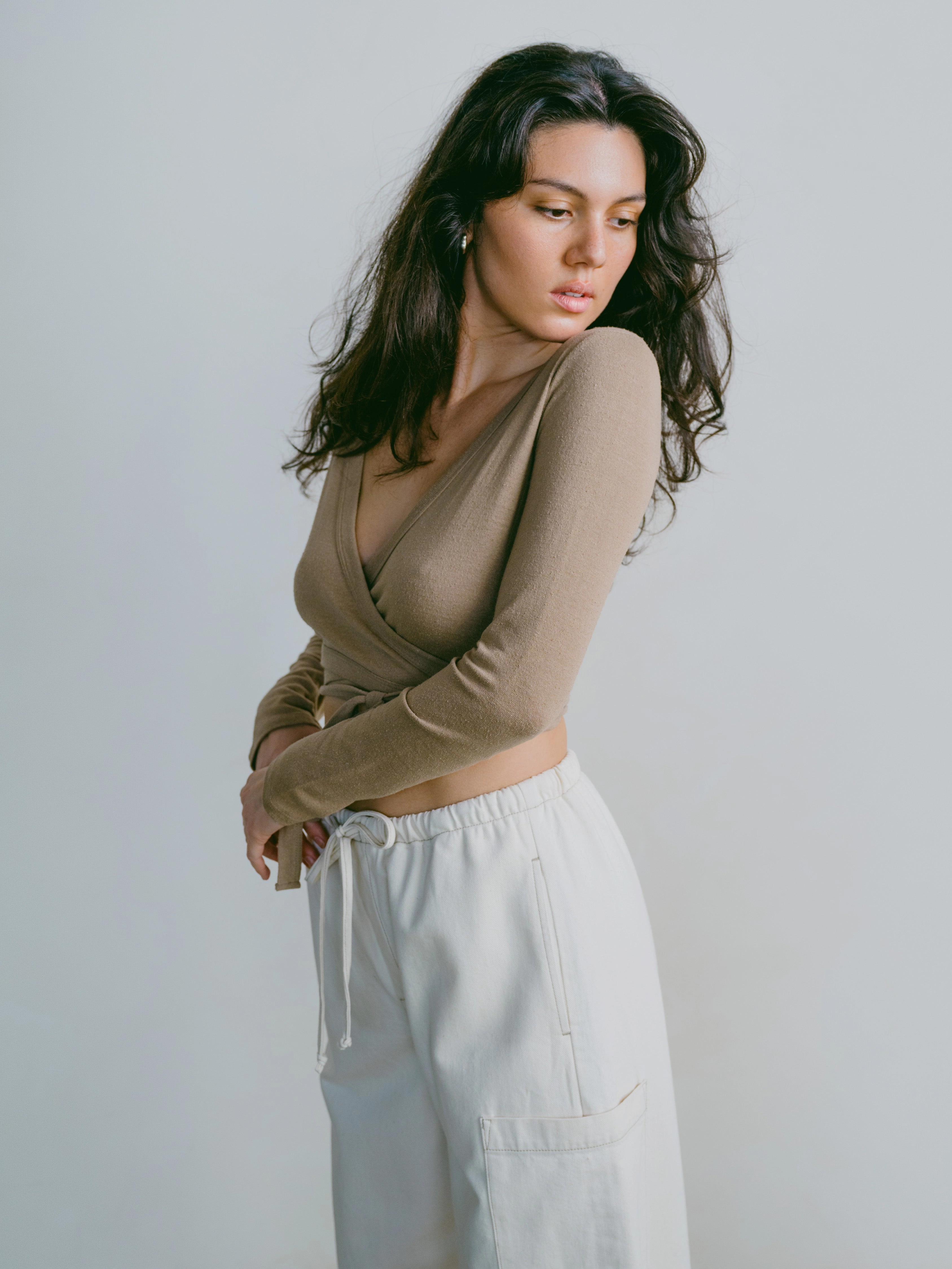 Bohemian Dance Wrap Top, Regen Silk Noil Jersey, Tea