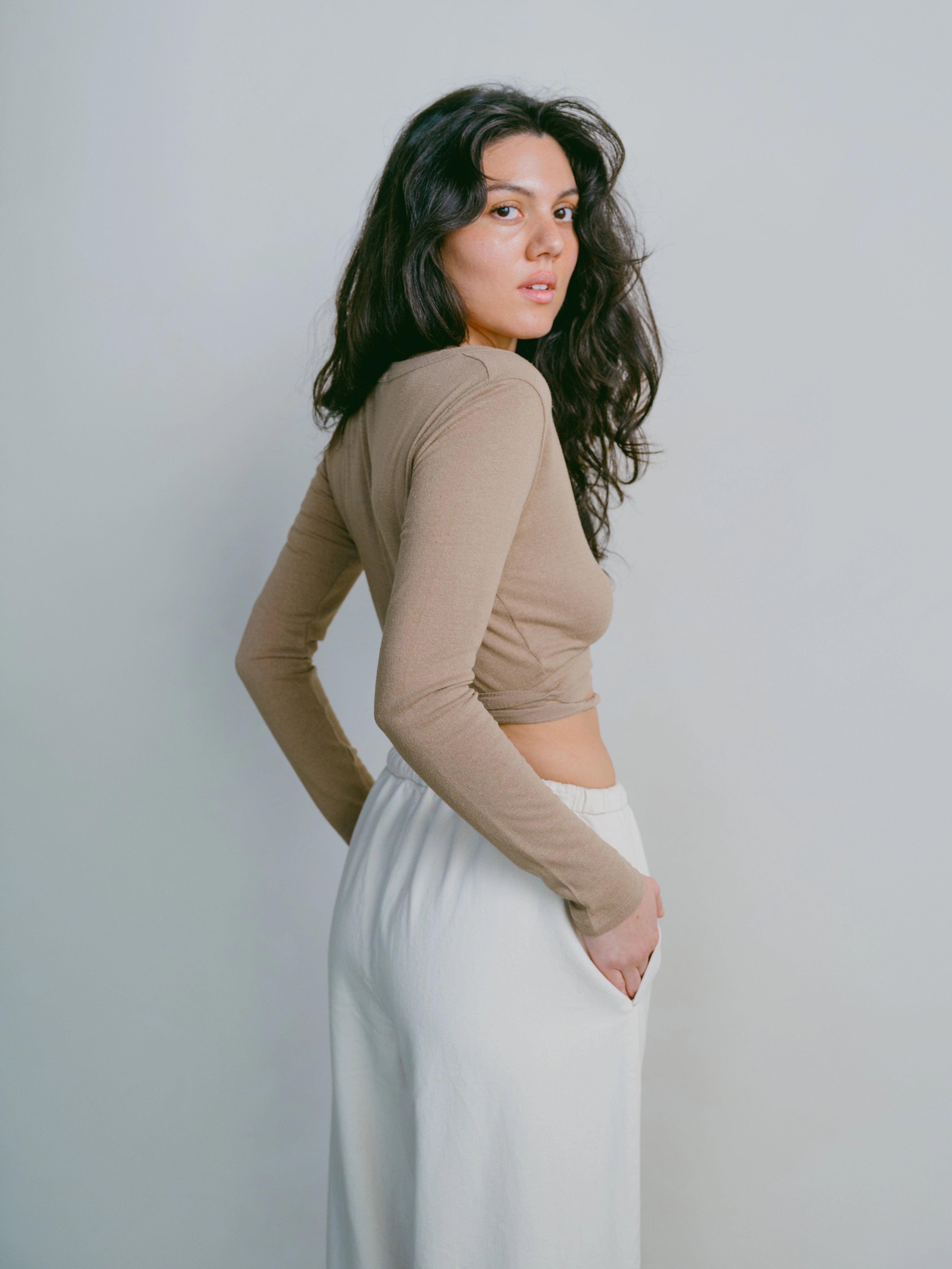 Relaxed Fit Design thermal Dance Wrap Top, Regen Silk Noil Jersey, Tea
