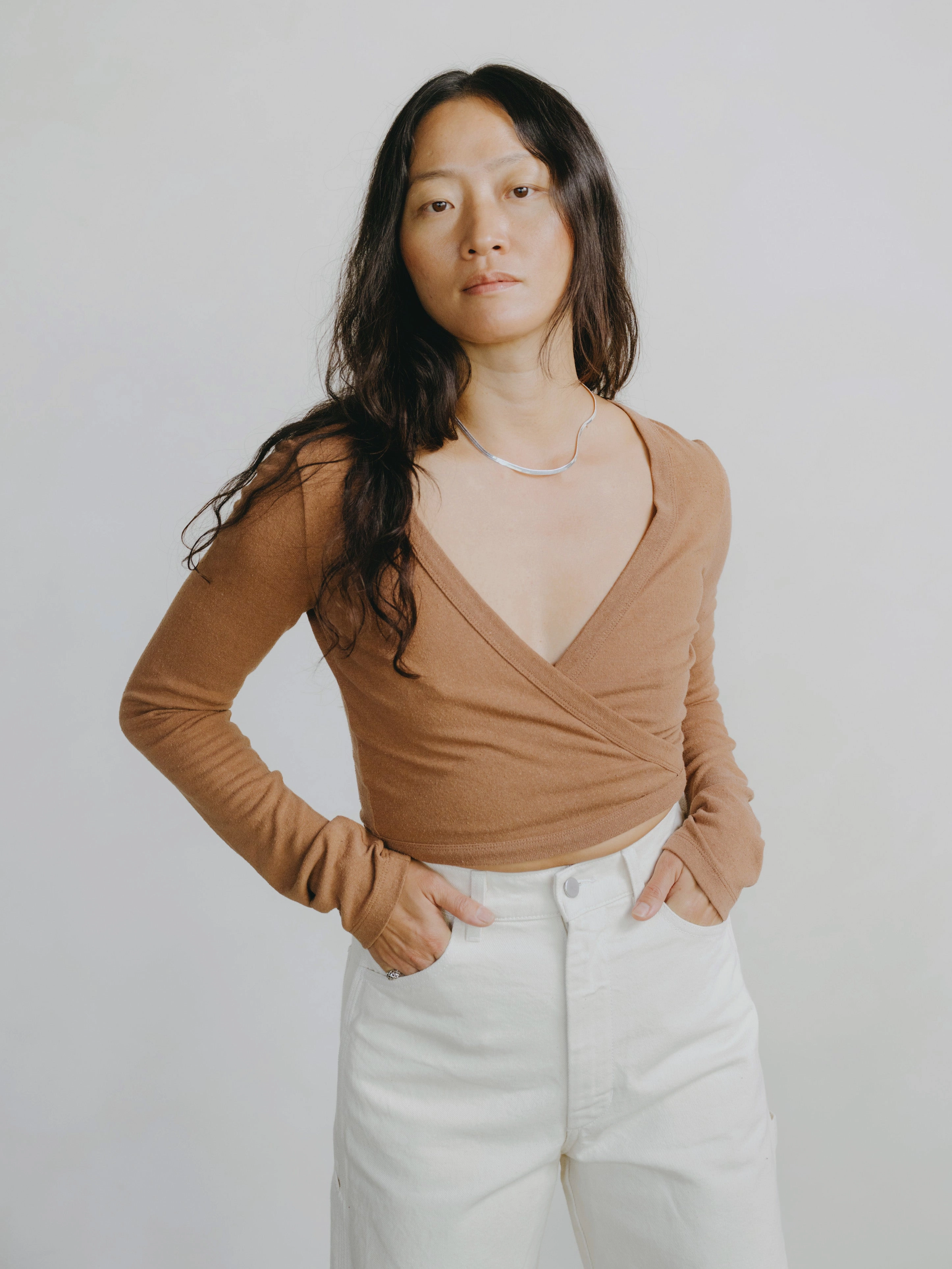 Casual Elegance Dance Wrap Top, Regen Silk Noil Jersey, Terracotta