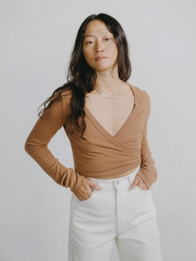 Versatile and Comfortable Chic Dance Wrap Top, Regen Silk Noil Jersey, Terracotta