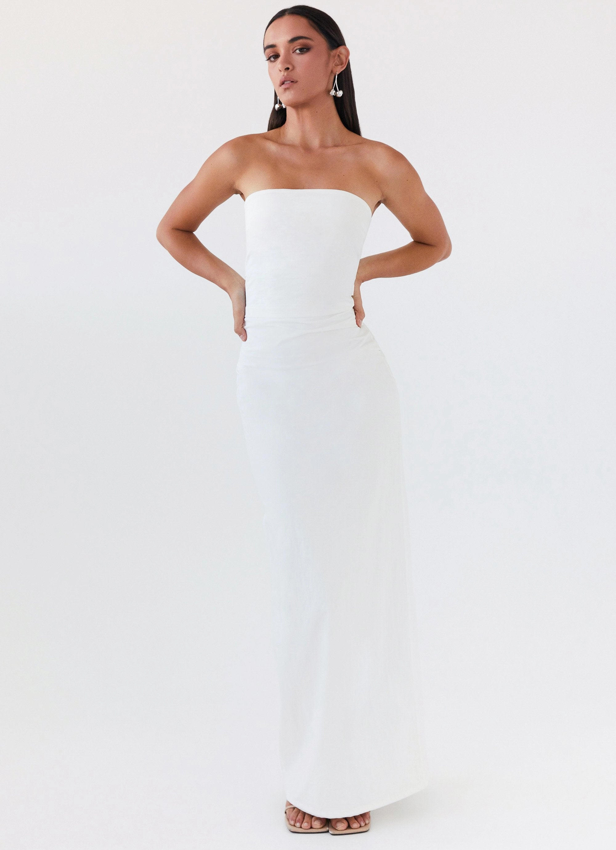 Asymmetric-Neck Danielle Strapless Maxi Dress - White