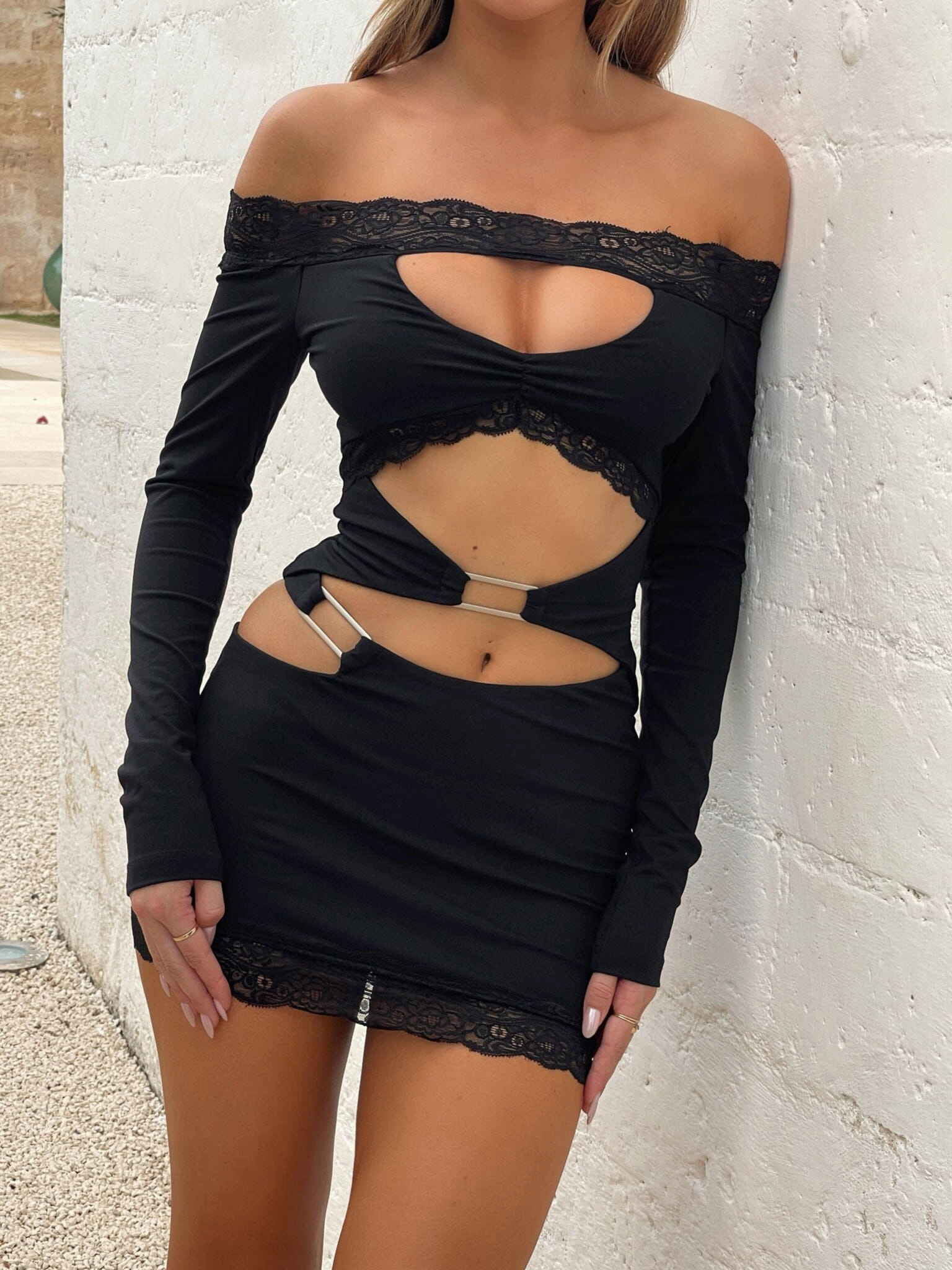 DAPHNE LONG SLEEVE MINI DRESS BLACK Button-Cuff Lightweight Fabric