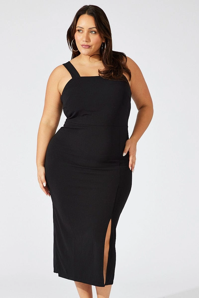 Black Square Neck Bodycon Dress Relaxed Waistband Feminine fit-and-flare silhouette