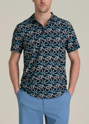 Coastal Perforated Tall Men's Polo Shirt in Blue and Rose Abstract Stretchable Fabric Breathable Jersey