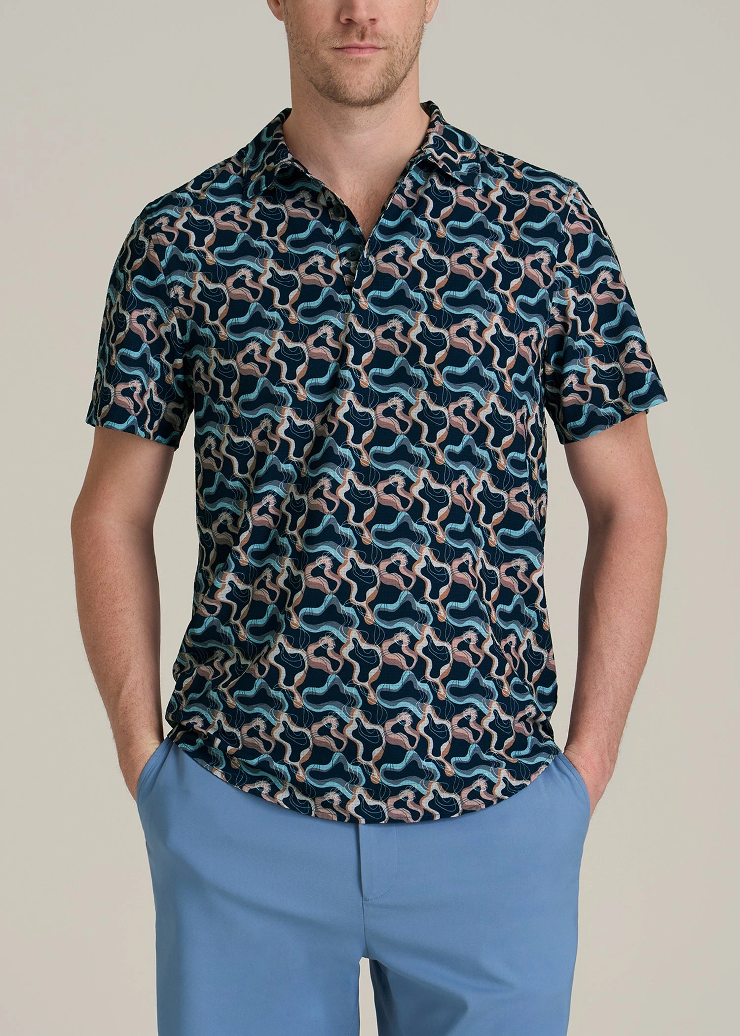 Coastal Perforated Tall Men's Polo Shirt in Blue and Rose Abstract Stretchable Fabric Breathable Jersey