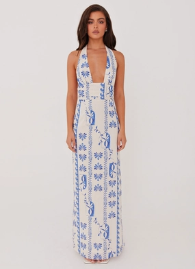 Night Mood Autumn-Season Sky Linen Maxi Dress - Floral Wave