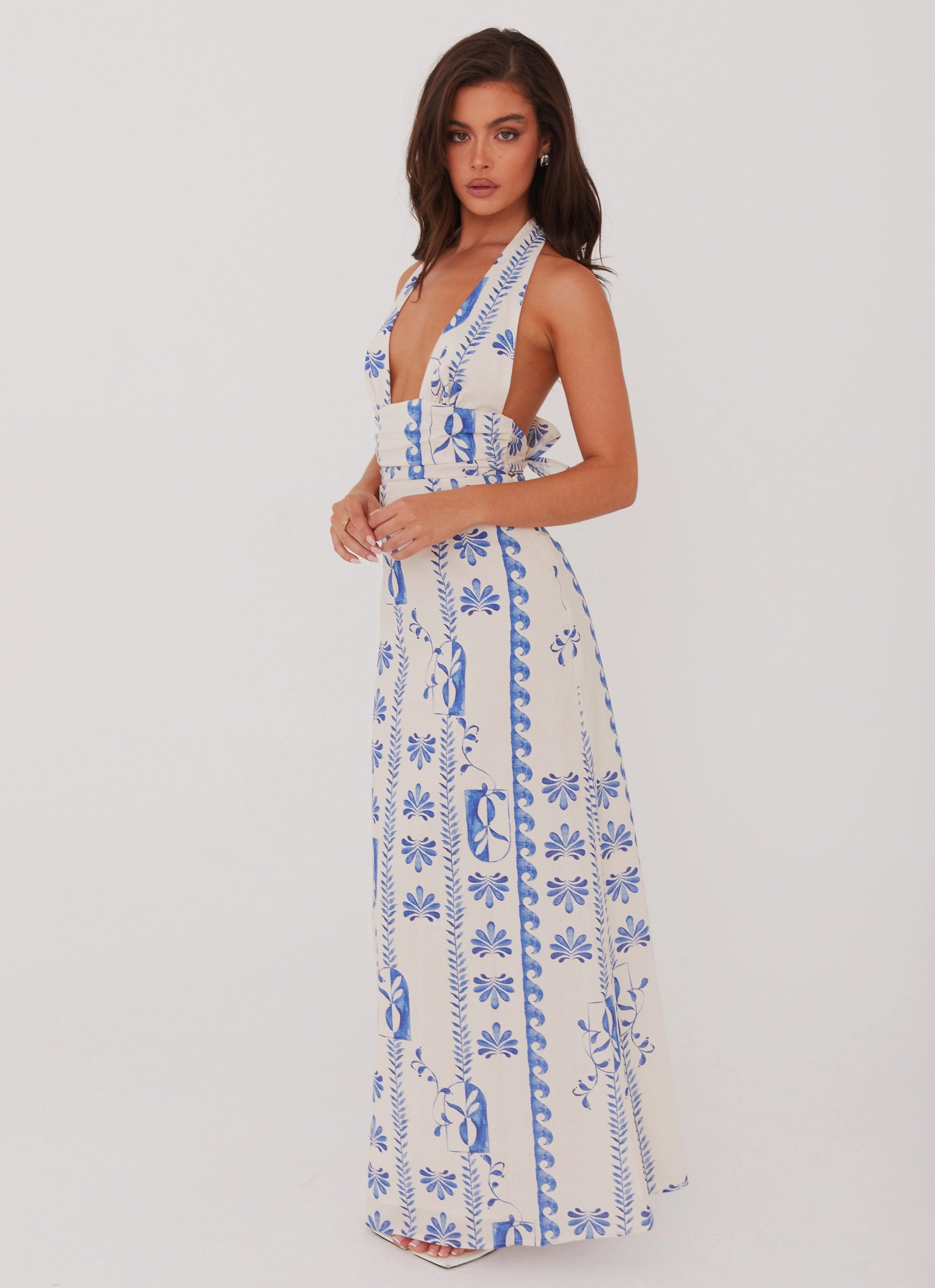 Daily Essential Sky Linen Maxi Dress - Floral Wave
