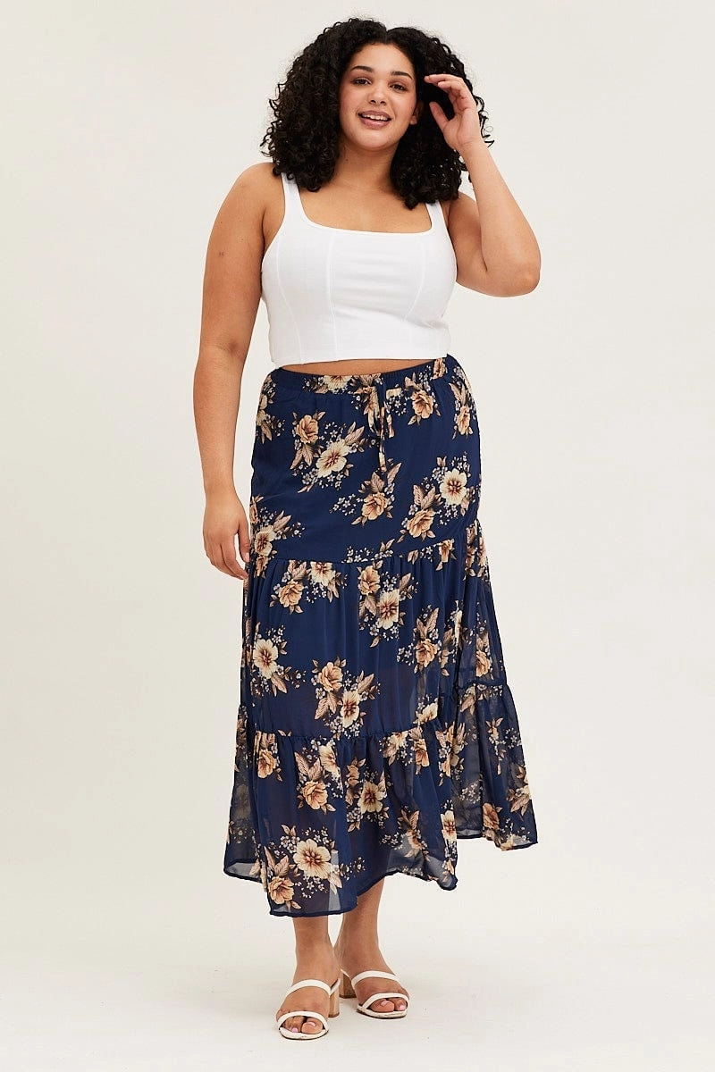 Lightweight texture Floral Print Tiered Maxi Full Skirt
