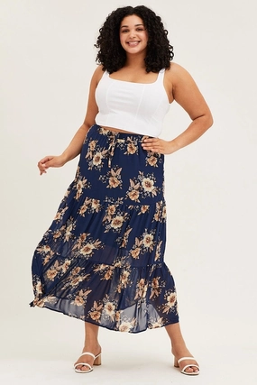 All Day Look Calm Mood Floral Print Tiered Maxi Full Skirt