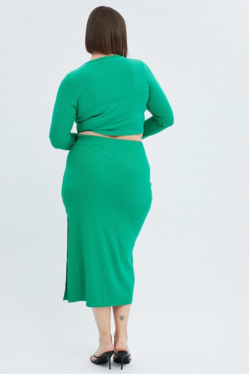 Green Midi Skirt Rib Jersey Bodycon Neutral palette Polished Look