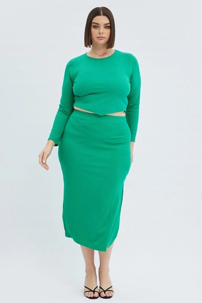 lace accents Green Midi Skirt Rib Jersey Bodycon