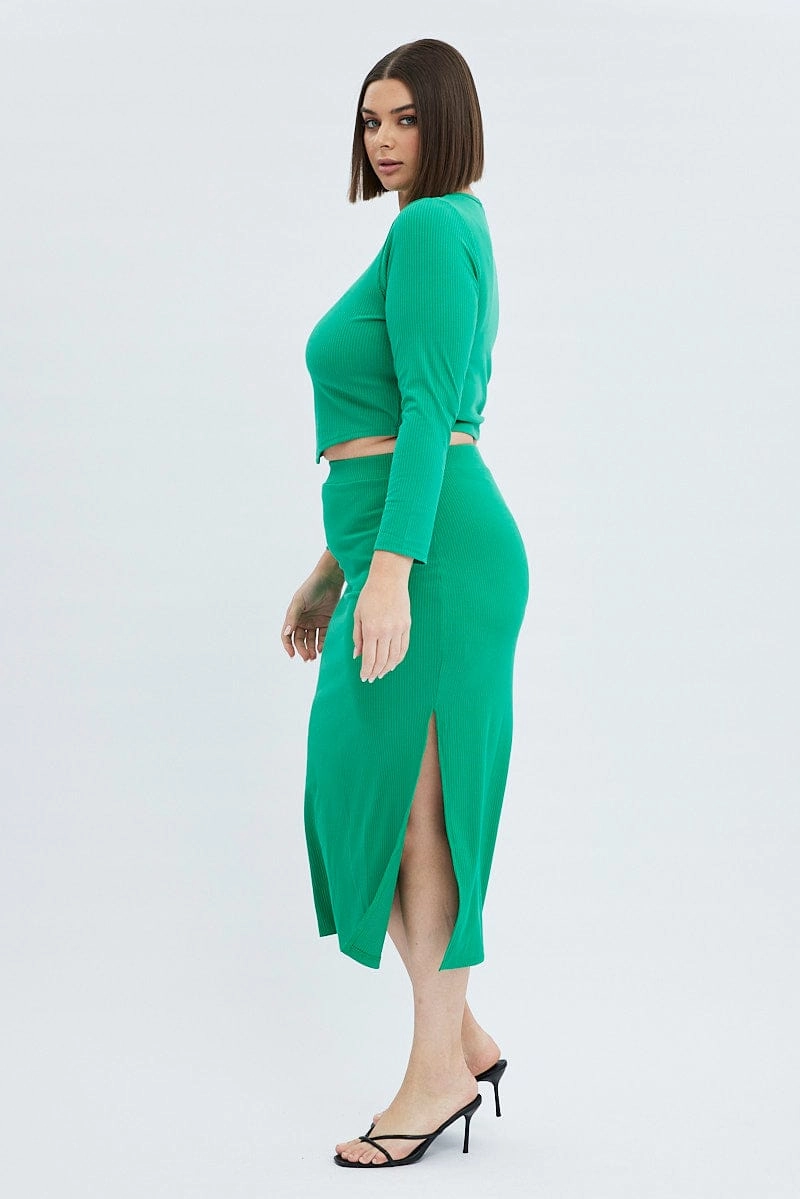 Green Midi Skirt Rib Jersey Bodycon Ombre effect Fresh Aesthetic