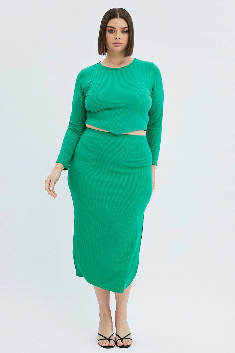 lace accents Green Midi Skirt Rib Jersey Bodycon