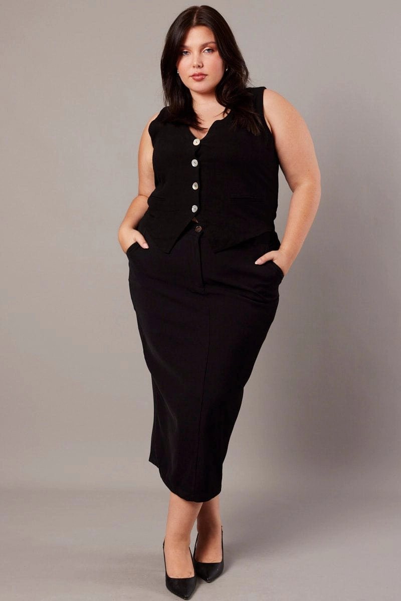 Black Tailored Midi Pencil Skirt Moisture Wicking Textile Artisanal Craft