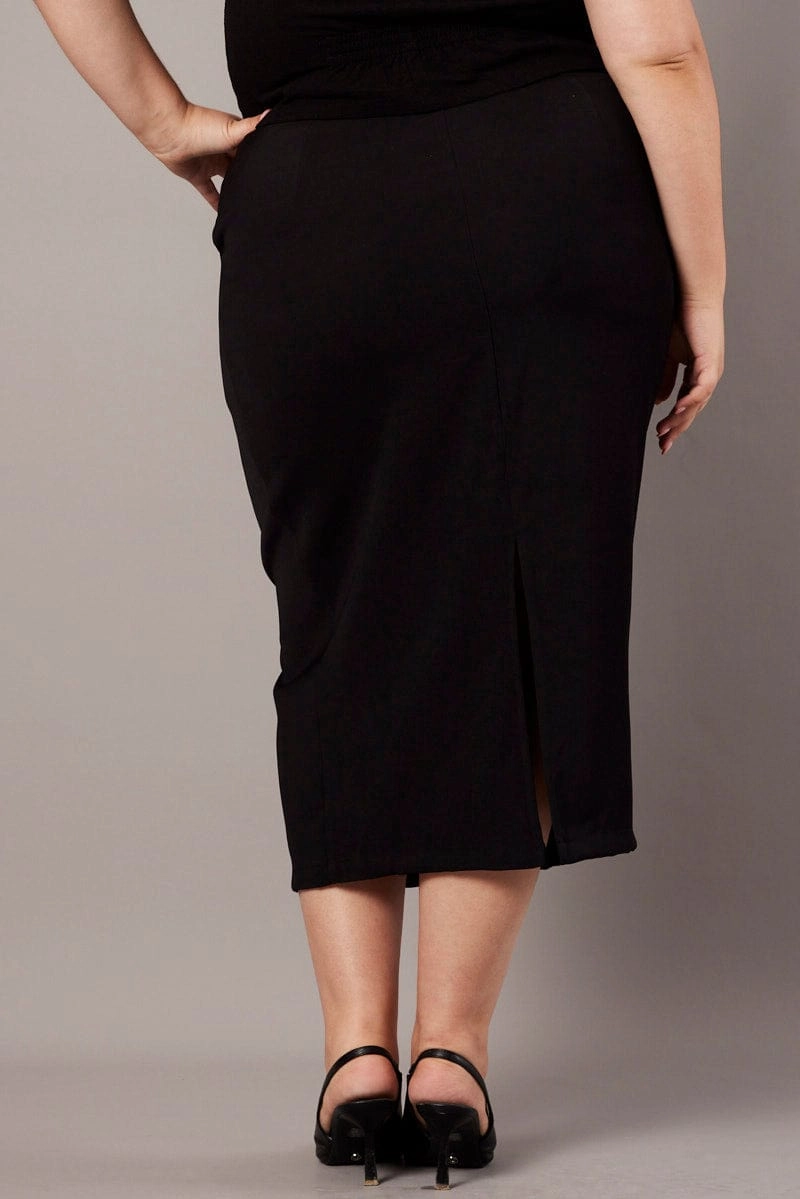 Black Tailored Midi Pencil Skirt Reinforced Pockets flared silhouette