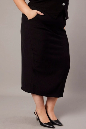 Subtle Detail Black Tailored Midi Pencil Skirt