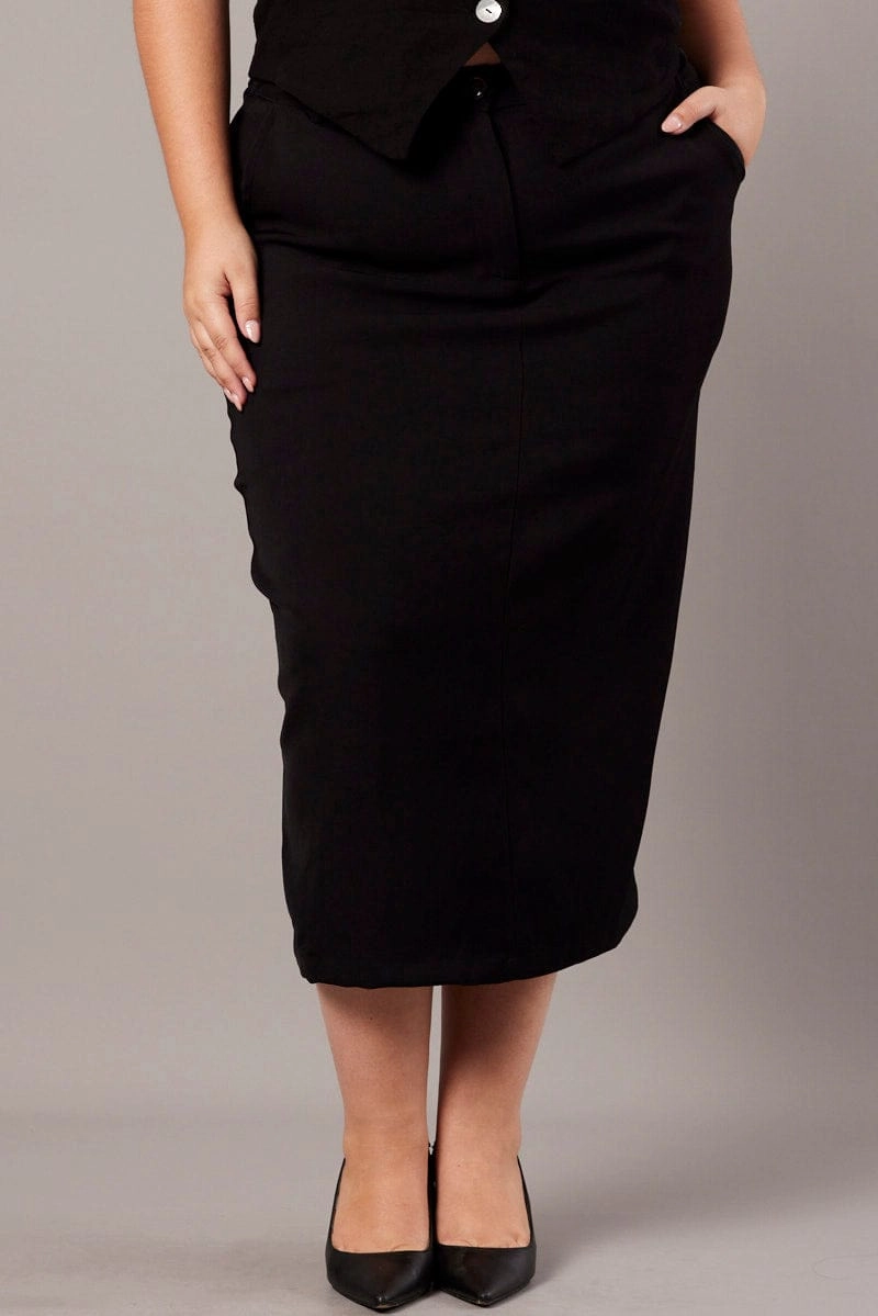 Black Tailored Midi Pencil Skirt Washable fabric Airy Look