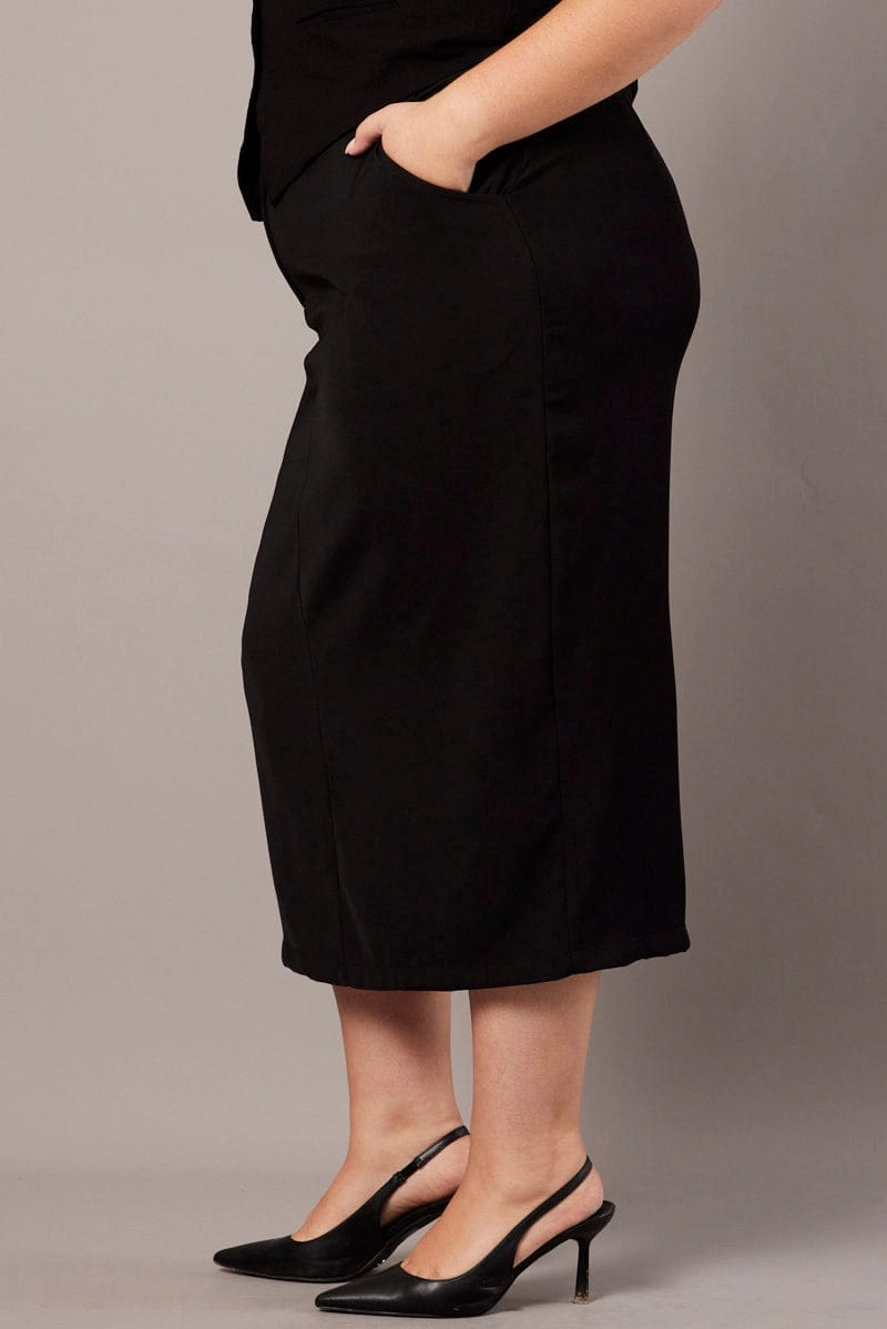 Black Tailored Midi Pencil Skirt Business Meeting