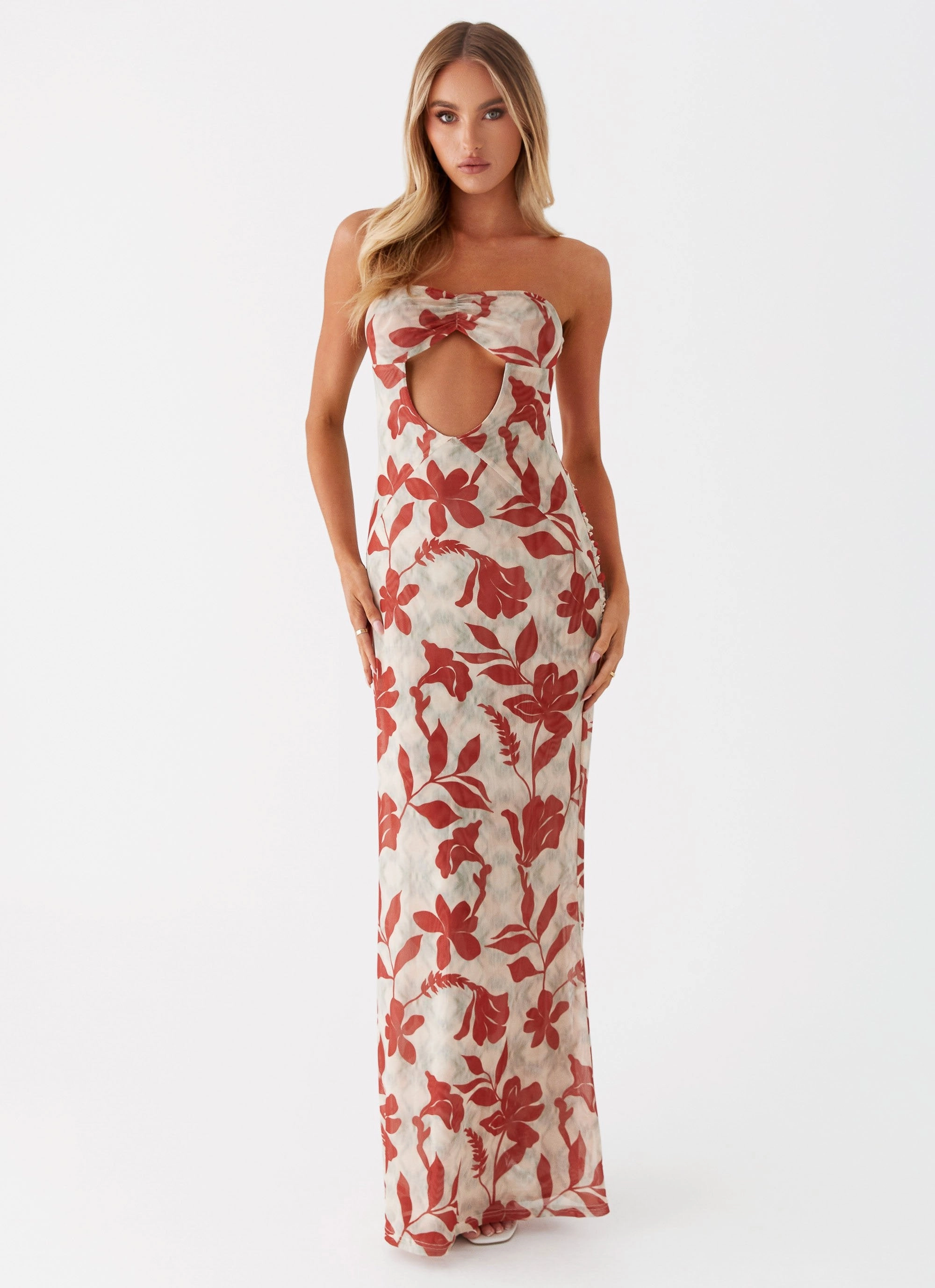 Dearest Maxi Dress - Red Green Floral breathable-mesh Mixed Fabric