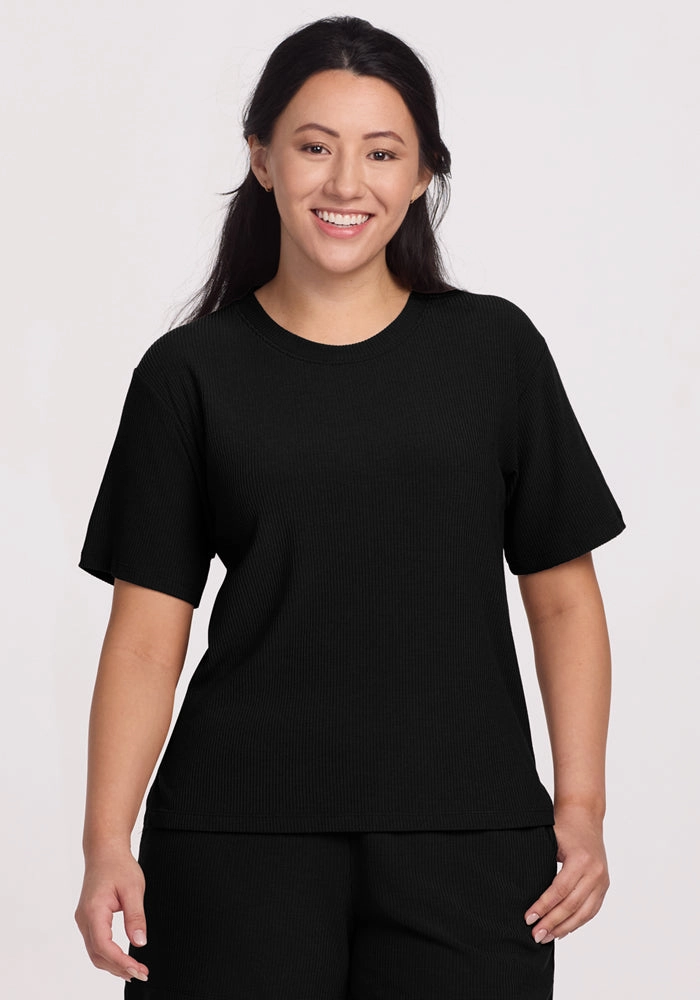 Delia Ribbed Short Sleeve - Black Relaxing Day coordinate with other items
