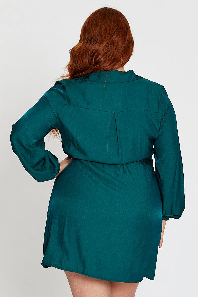 Green Long Sleeve Tie Waist Shirtdress Flexible Waist