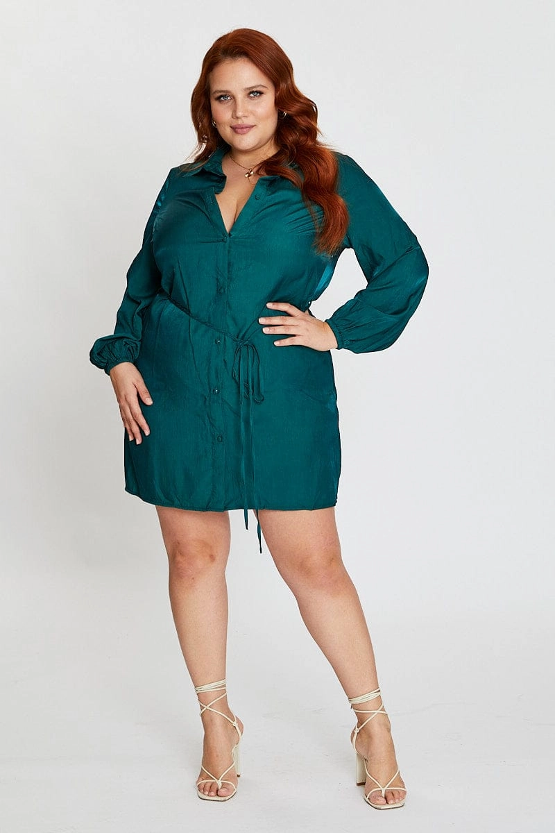 Green Long Sleeve Tie Waist Shirtdress Skin Tone Vibrant Form