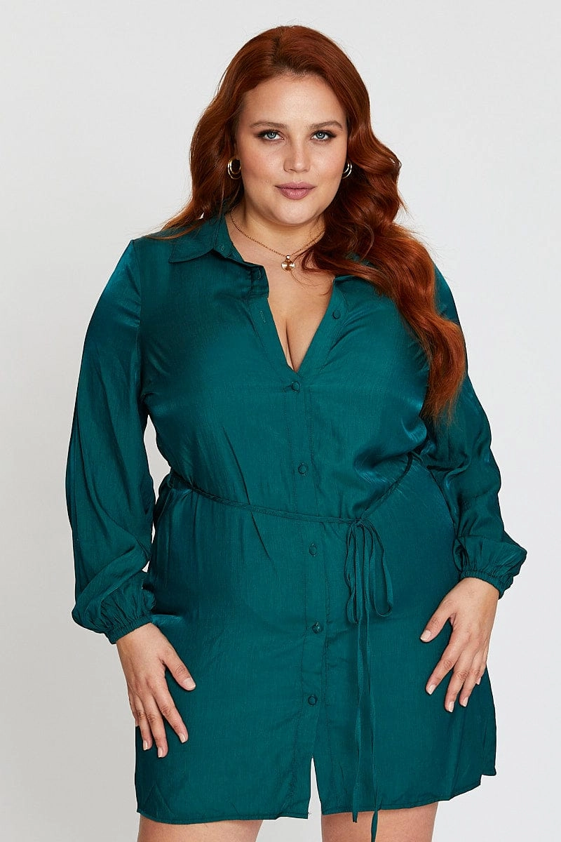 Green Long Sleeve Tie Waist Shirtdress Young Edge SoftTouchTexture